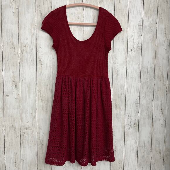 Blue Rain Short Sleeve Fit Flare Crochet Knit Lined Soft Knee Length Dress - Picture 2 of 8